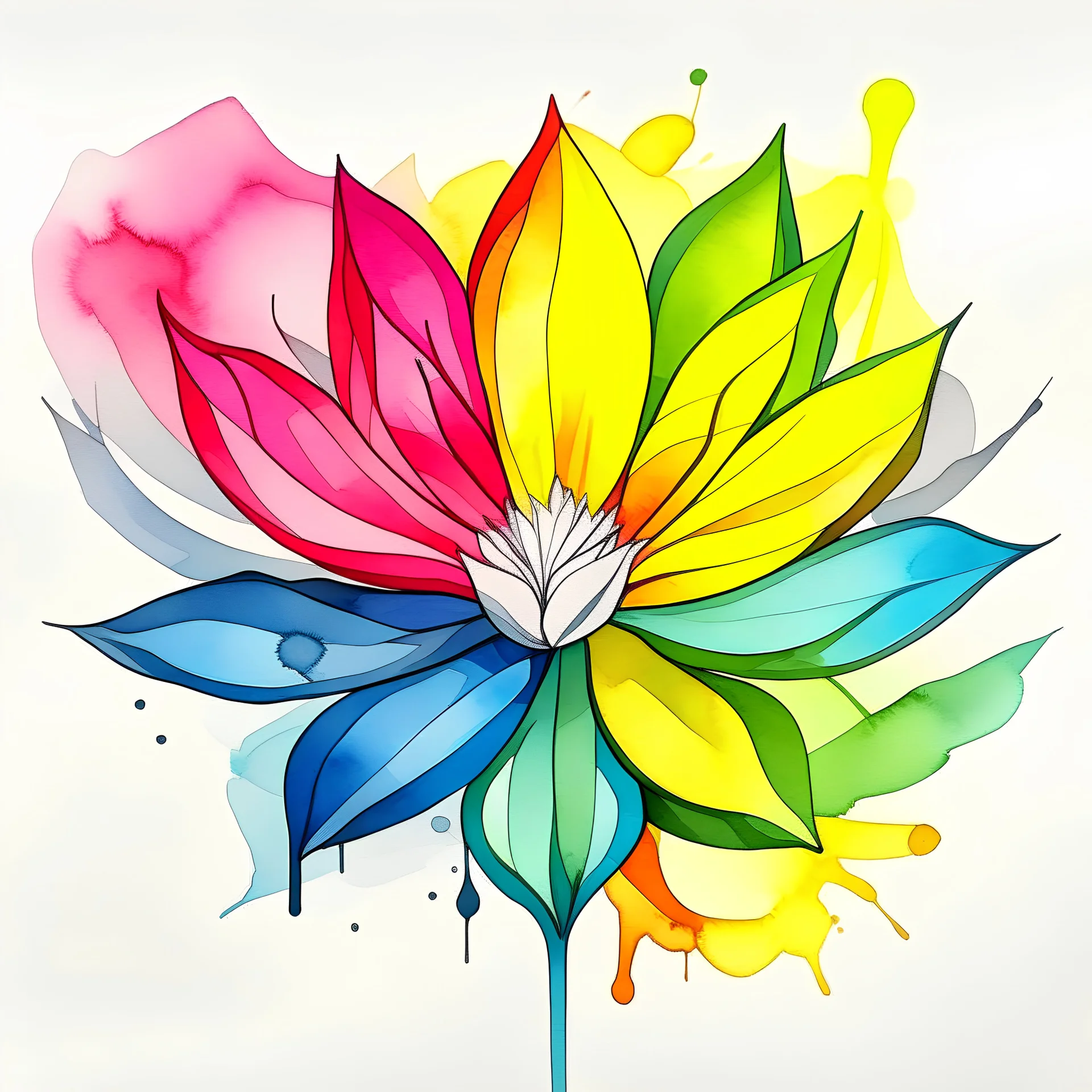 A colorful, abstract and minimal watercolor painting of a flower. The flower has big leaves, rainbow petals, with black outline details giving a scribbled effect. the image is in the middle of a white canvas. The background should be clean and mostly white, with subtle geometric shapes and thin, straight lines that intersect with dotted nodes. The style is expressive and textured, reminiscent of outsider art.