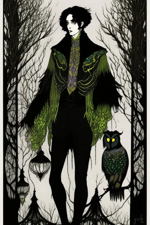 Black haired, owl-man, Skinny, warlock, in the style of Harry Clarke