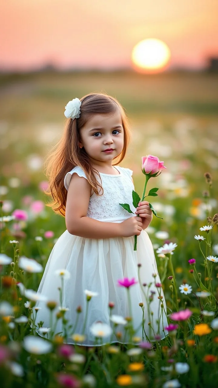 A baby girl with a white dress standing in beautiful colorful meadow of wild flowers floral background, landscape with white or pink flowers with sunset and blurred background. Soft pastel Magical nature copy space evening not bright the girl holding a rose