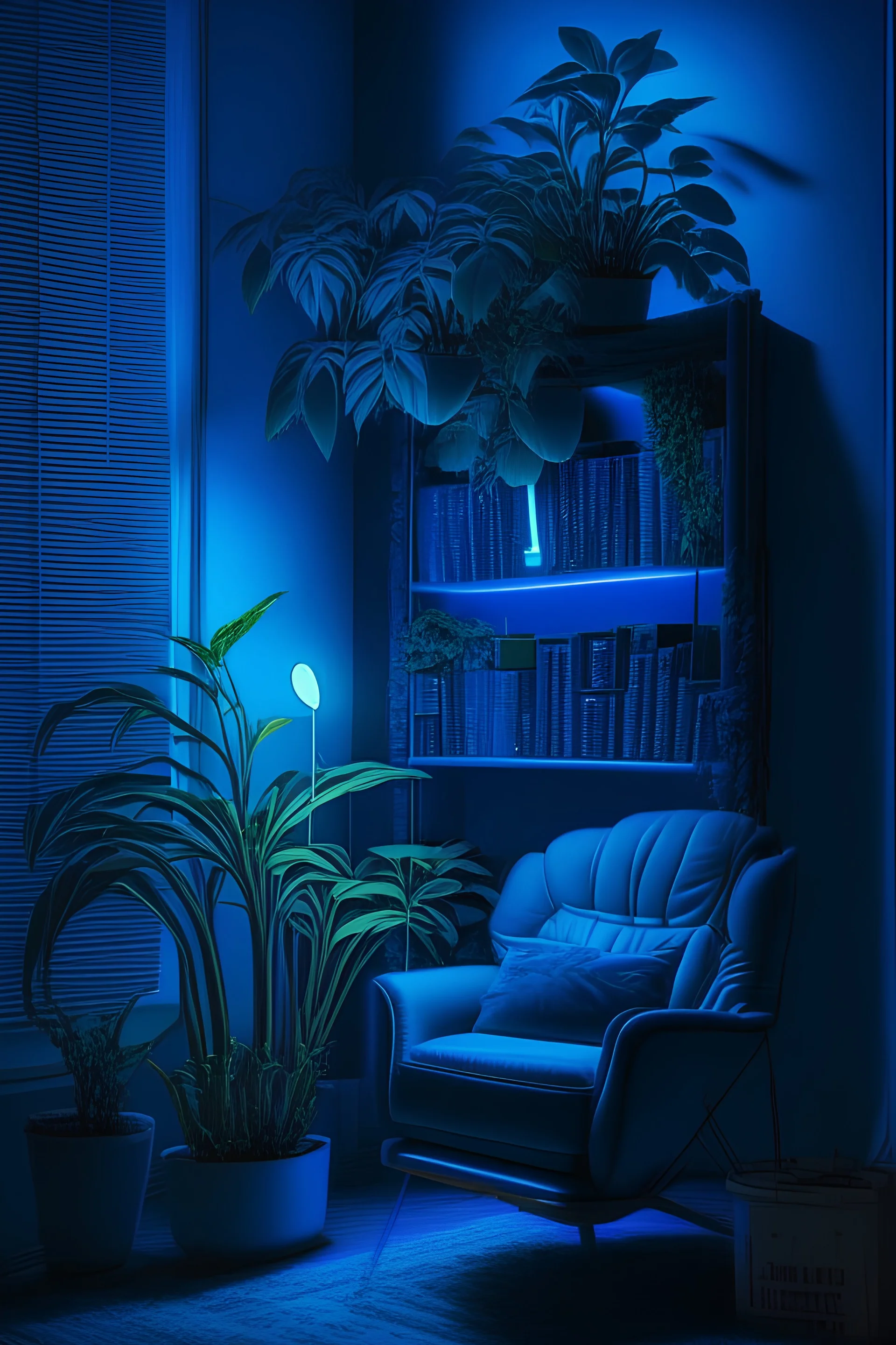 a room with blue led lights and a very nice chair and book shelfs and a potted plant