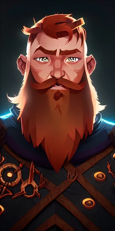 Dungeons and dragons character, warrior dwarf male, friendly face, high detail, High definition, ginger braided beard, ginger long hair in a bun, heavy armor, short height, black backdrop, mustache, battle ax, full body