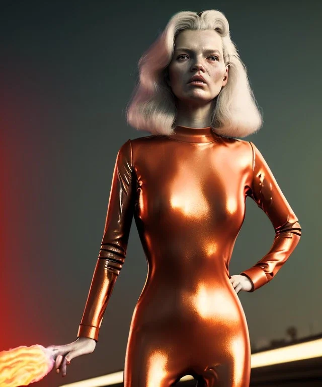 retro sci-fi portrait image from 1980, supermarket parking explosions, fire, scared people, blonde woman walking, sweet Kate moss face, tight latex suit, soft color, highly detailed, unreal engine 5, ray tracing, RTX, lumen lighting, ultra detail, volumetric lighting, 3d, finely drawn, high definition, high resolution.