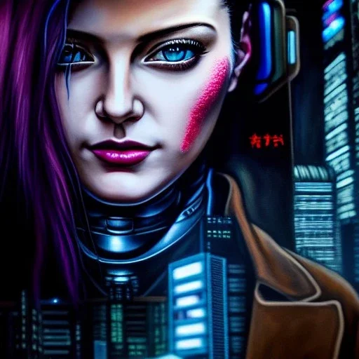 fullbody portrait in oil on canvas ,beautiful female robot, ominous, intense stare, sad eyes, post-apocalyptic in a cyberpunk city, ghost in the shell, Akira, BladeRunner movie poster, Flying car, masterpiece, realistic, intricate detail, sci-fi fantasy style, volumetric lighting, particles, highly detailed ,cinamatic , deep colours,8k, by Kaare Andrews and caravaggio, signed YAK