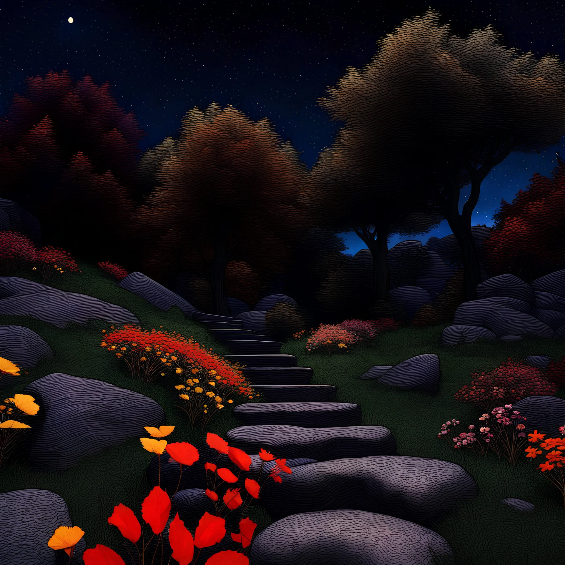 Colourful, peaceful, Egon Schiele, Max Ernst, Vincent Ban Gogh, night sky filled with galaxies and stars, rocks, trees, flowers, sharp focus, 8k, deep 3d field, intricate, ornate