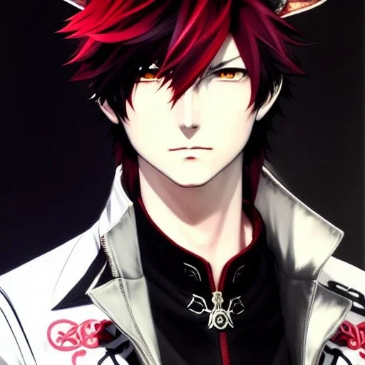 Detailed anime boy, crimson red hair, long classic taper hairstyle, dante dmc5 hairstyle, wolf ears protruding out, white trench coat, intricate details, full body portrait, keep head in frame, slight smile, black Japanese motif, concept art, highly detailed, digital painting, concept art, sharp focus, illustration, art by Yoji Shinkawa, WLOP and greg rutkowski and alphonse mucha and artgerm and yanjun Chen and Junji ito and Makoto Shinkai, HDR, octane render, highly detailed