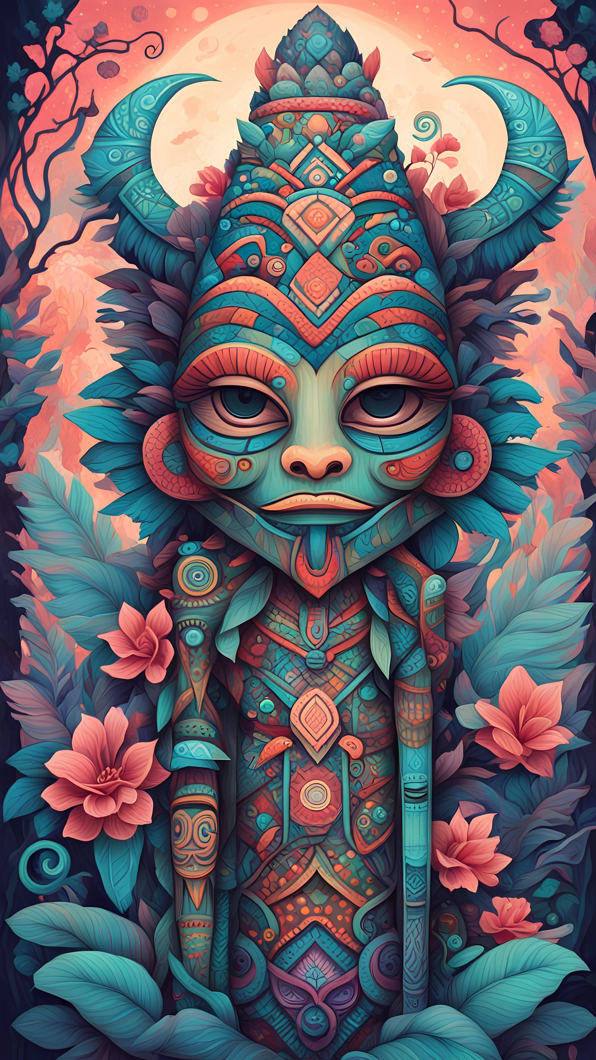 Create a surreal and dreamy painting of a tribal tiki totem featuring vibrant colors, whimsical motifs, and intricate details, inspired by the signature styles of Audrey Kawasaki, Camilla d'Errico, and Thomas Kinkade, with elements of Beeple's digital art and Lois van Baarle's atmospheric coloring, incorporating a touch of grotesque elements for a lowbrow aesthetic.