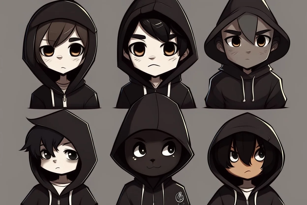 6 very simple and cute dark cartoon characters that I could draw with hoodies