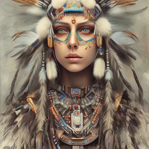 war painted pueblo Indian female,detailed eyes, blue eyes,, disturbed expression.intricate detaile,thnically accurate face, intricate head dress,detailed turquoise jewelry, detailed hair, detailed feathers, use dynamic palette, accurate proportions, high contrast black smokey bokeh background.studio ghibli,andrea bonelli, style.