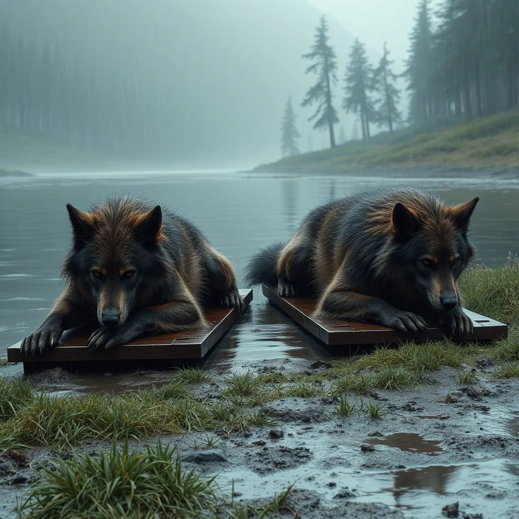 two anthropomorphic wolf-human hybrids in body hair lie exhausted and wet on their stomachs on two wooden boards next to a deep river, on the opposite bank in the distance, hour-long, thick-trunk trees are faintly visible, grass, mud, rain, high realistic, detailed, cinematic, sci-fi, digital art, dark fantasy mood