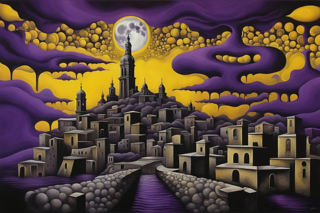 midnight in surreal old city with one big full moon, shadows on walls, strange buildings, sinister, dark clouds, by Greg Rutkowski surrealism Salvador Dali , purple-yellow, black melting oil on canvas, sinister, by Greg Rutkowski surrealism Salvador Dali matte background melting oil on canvas abstract vector fractal, wave-circle function, Zentangle, 3d shading