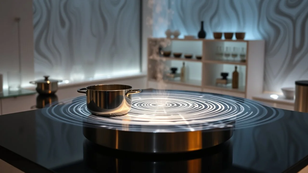 modern labraratory instrument environment, water waves created Cymatics pretty patterns that sound waves make on water in luxury lab in a big pot on the table sync with music ferquency t