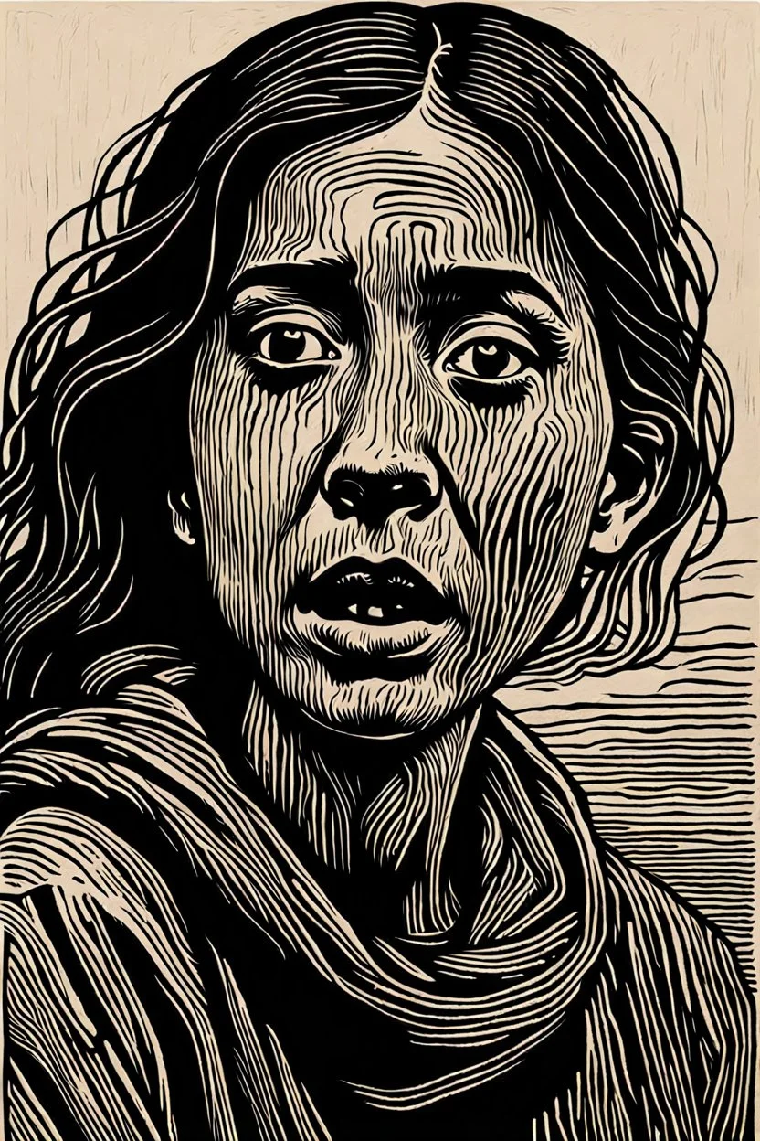 create an abstract, deeply powerful tragic, heart wrenching, and evocative, full body woodcut of an anguished young refugee woman with highly detailed and deeply cut facial features, lost in a horrific post apocalyptic Gaza, in the style of KATHE KOLLWITZ and PAUL GAUGUIN, searing lines and forceful strokes