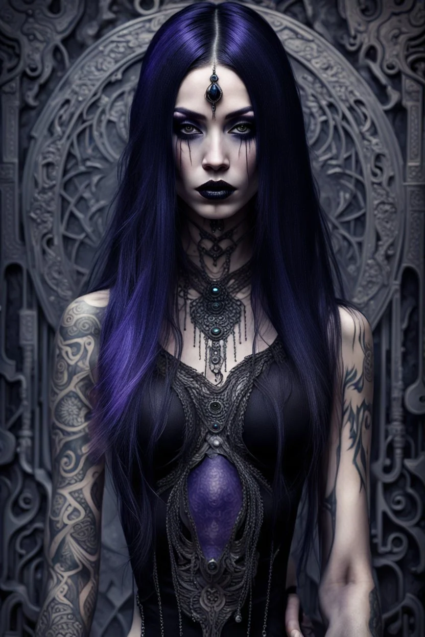 a crepy stunning mystic woman with dark purple-black long hair and black tattoos on her body, a cold, indifferent expression, silver and black onyx jewelry, black lace dress, cybernetics, crepy stunning anthropomorphic female, Minjae Lee vibe, cbybernetic and etheral human, ancient deity, by Vincent Lefevre and Yoshitaka Amano, stunning 3d