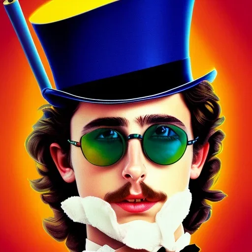 Timothée Chalamet willy wonka, evil, sunglasses, top hat, bandanna