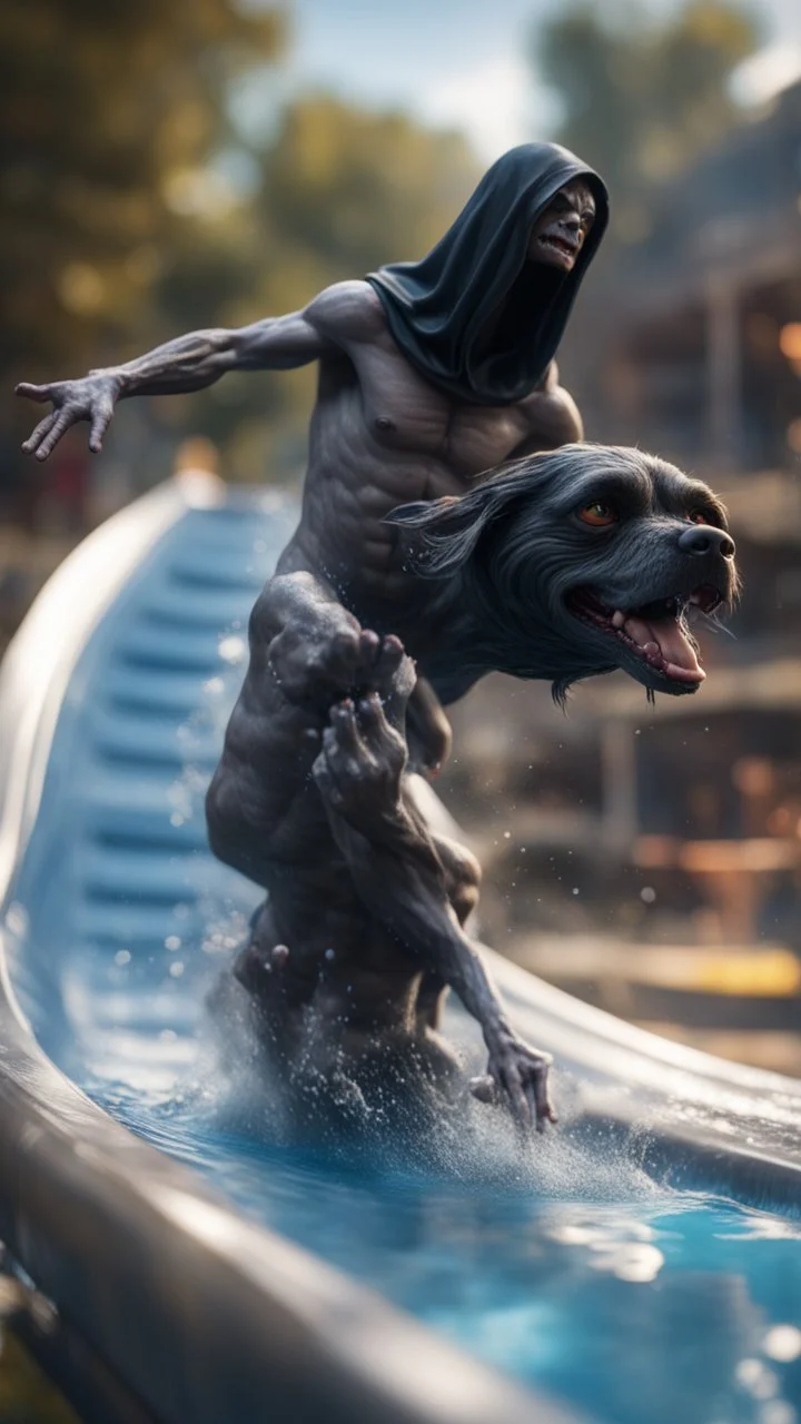 naked dementor petting his soap star dog in a big jump water slide,bokeh like f/0.8, tilt-shift lens 8k, high detail, smooth render, down-light, unreal engine, prize winning