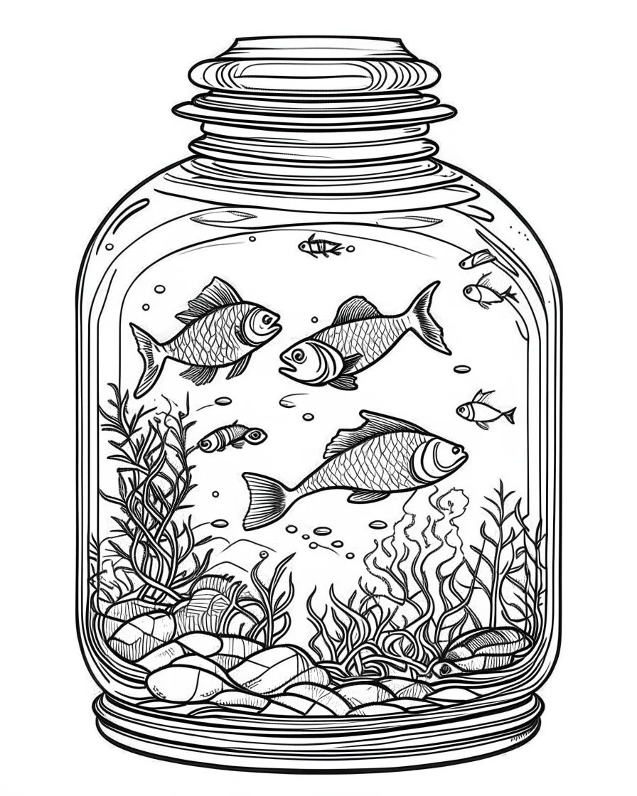 fish sea life in jar minimalistic, line art, background, vector, svg, coloring book page style, black outline on white background