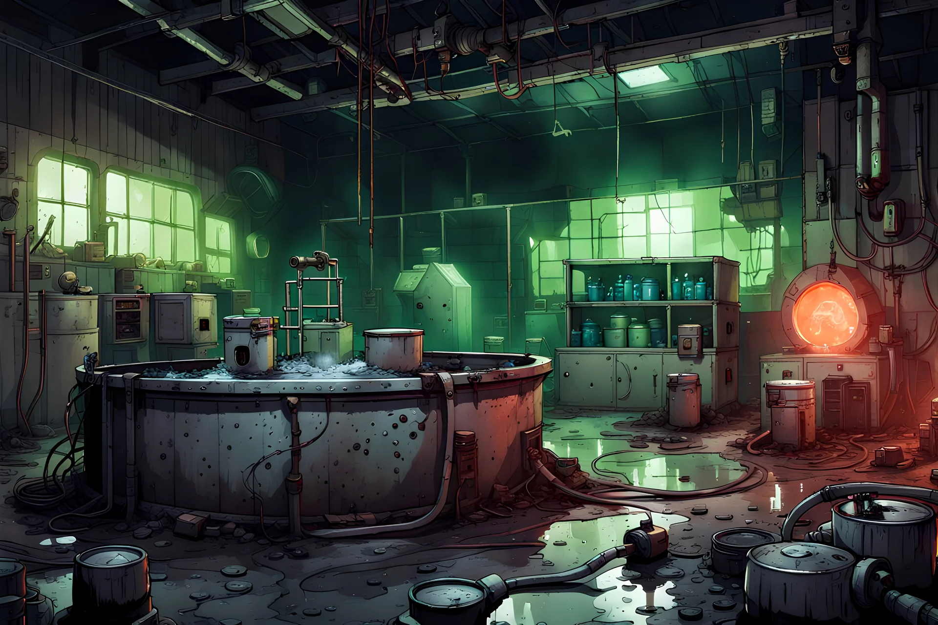 abandoned lab, a large vat filled with fluid and an experimental ghoul, post-apocalyptic style, night