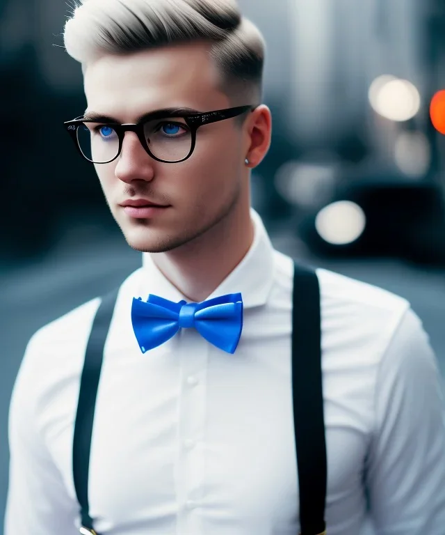 Young attractive male, blonde hair, slight beard, clear glasses, cinematic, depth of field, blue eyes, black bowtie