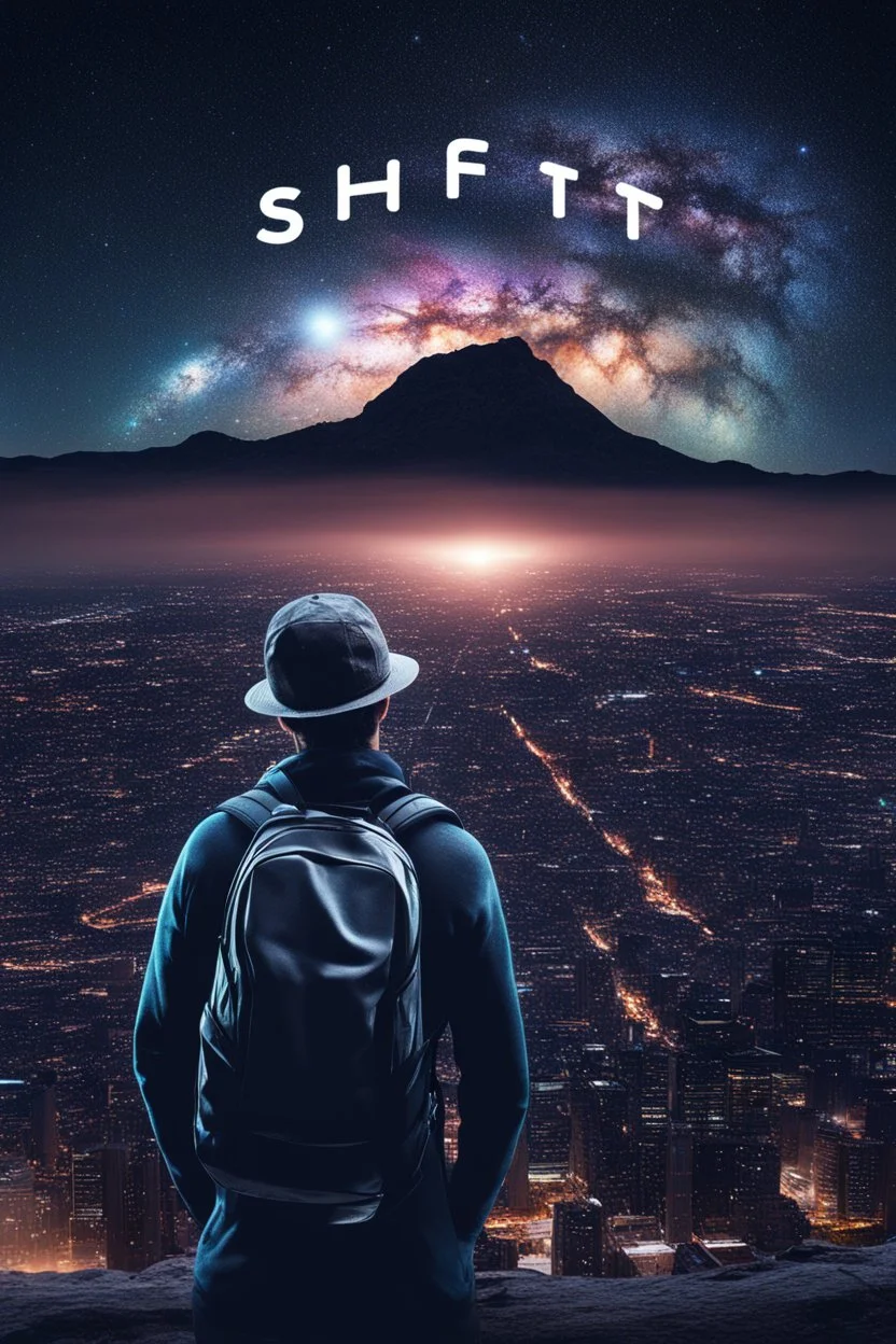 Supernova overlooking a city in the Milky Way galaxy with a person wearing a hat and a backpack with the Shift logo on it