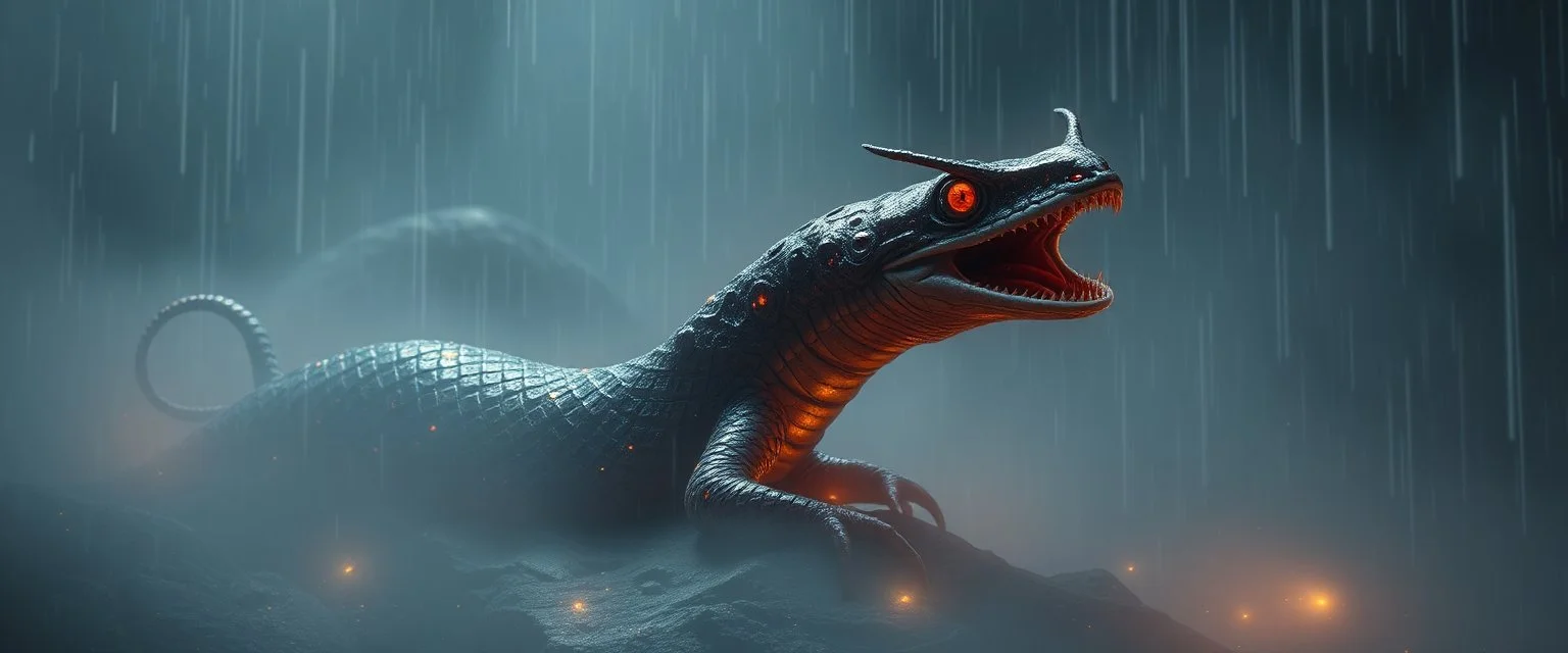 horrible space slinky boa rock bird slug in the style of giger, in fog and spectacular spark rain