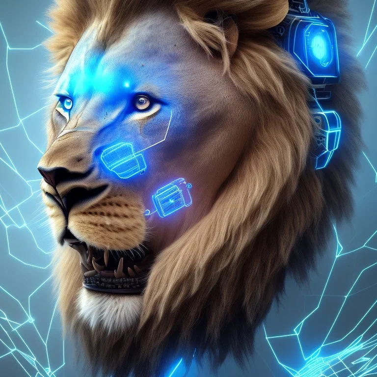 a lion face made with cyber punk elements with blue diamonds and cables from head to body wearing a medieval helmet, high detail, photo, kybernetic, 8k, ray-tracing