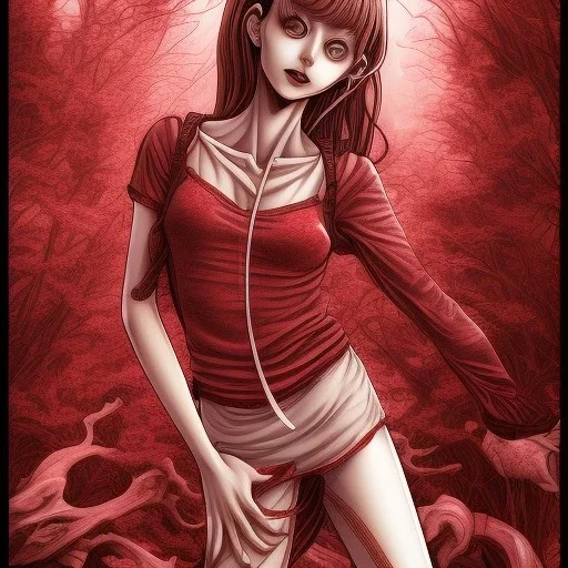 Junji Ito style, darkred tones, leaning pose,