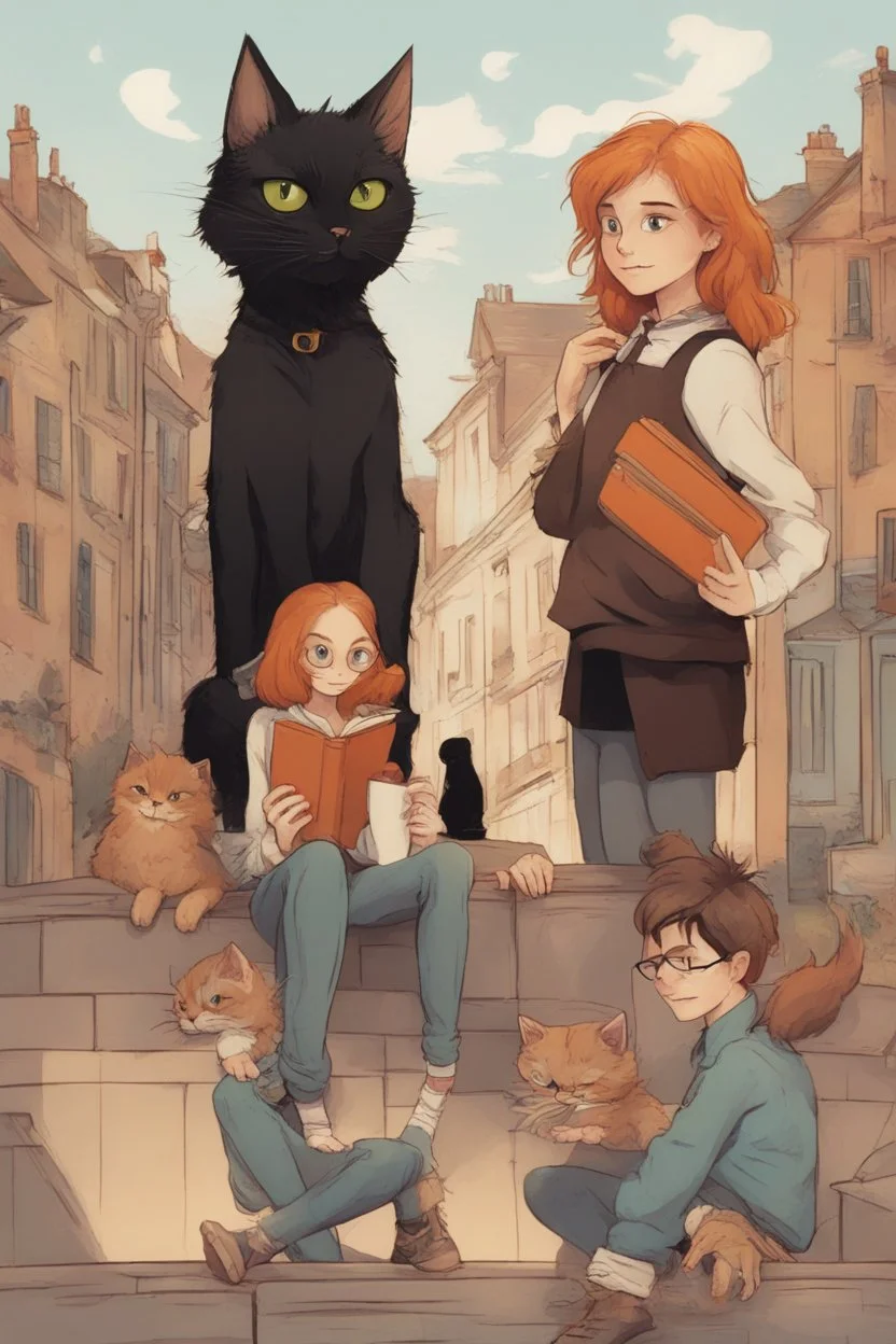 Act like a book cover designer. Use comic style. Grimmy black cat and three teenagers (13-15 years old) - two brothers with ginger hair and frickles with a brown-haired girl. Environment: old town.