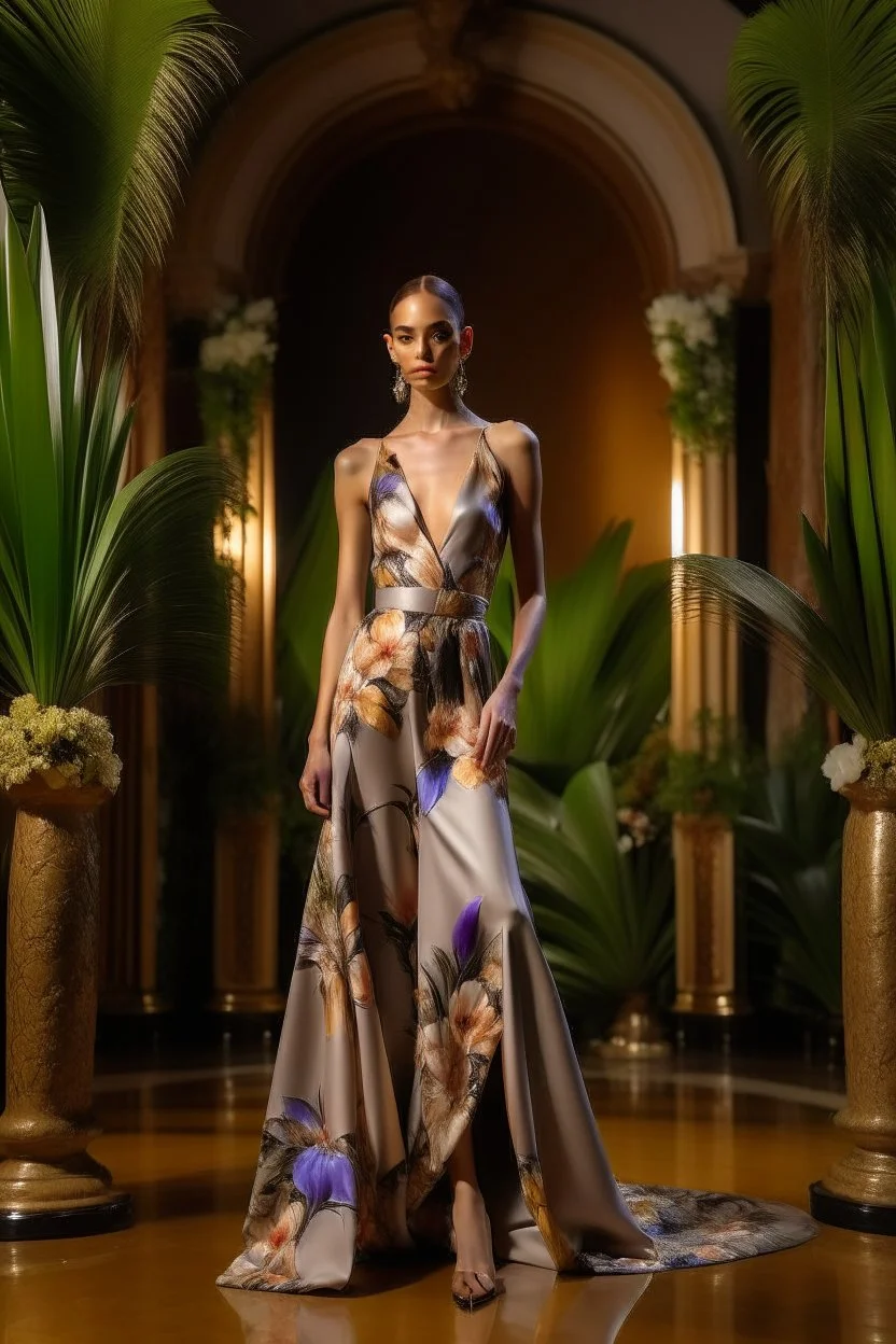 Model in runway wich dress with orchids, palm and olives trees