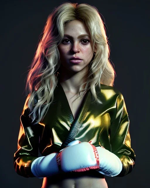 portrait, Shakira, blonde artist, angry, Realistic image, MMA robe, hoodie, mma gloves, fight pose, make-up make-up, gold line make-up, sweat, fog, goddess style, Neon colors, leds. Black background, photo studio, concept art, smooth, unreal engine 5, god lights, ray tracing, RTX, lumen lighting, ultra detail, volumetric lighting, 3d, finely drawn, high definition, 4k.