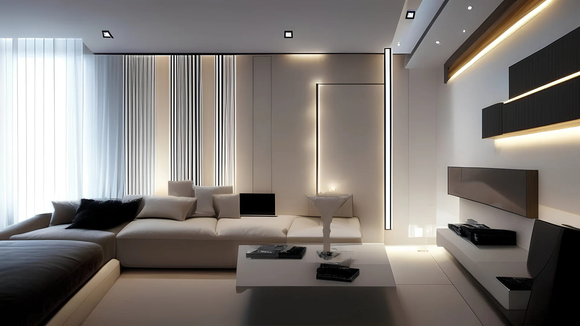 Stylish interior of modern living room with light wall By Pixel-