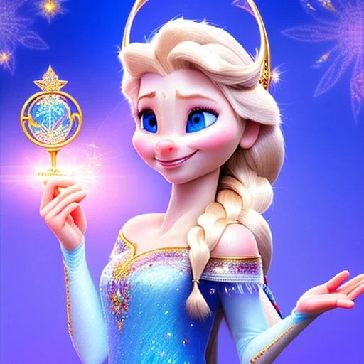 Flower , beautiful smiling elsa holding microphone, amazing blue eyes, happy cosmic, bright colors, blue, pink, gold, jewels, realistic, photo real, clear godly background, highly detailed, high contrast, 8k high definition, unreal engine 5, extremely sharp detail, light effect, sunny light background