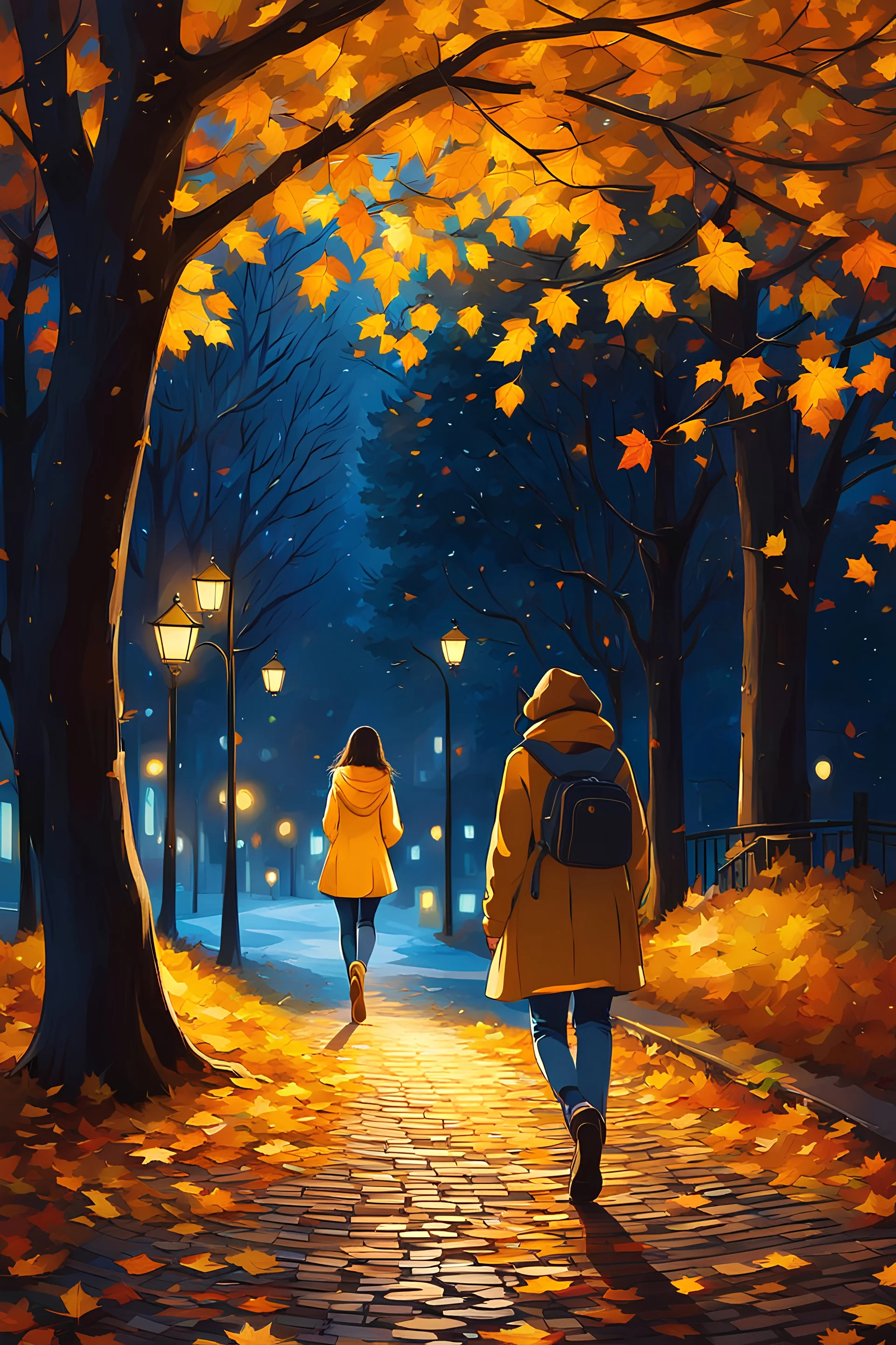 night yellow lights over the street trees autumn leaves under feet ,a Student adult girl with books in her hand walking in street turned back to talk to a boy walks after her few meters away her back