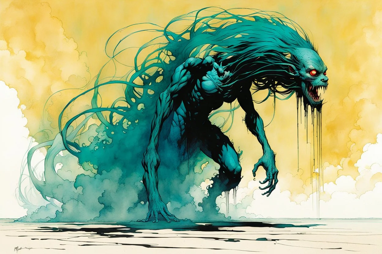 create an imaginative full body print illustration of an ethereal, otherworldly female Striga monster, in the comic book art style of Bill Sienkiewicz, Mike Mignola, and Jean Giraud Moebius, with highly and finely inked