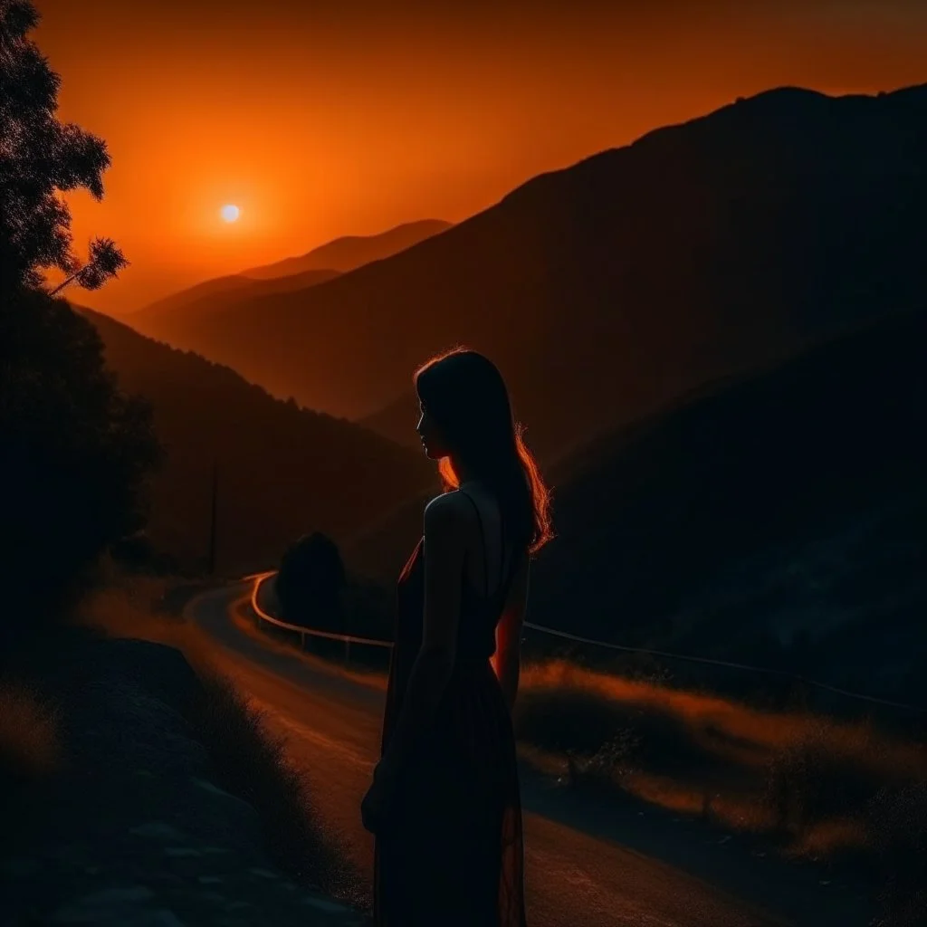 dark night, watching a woman from behind wearing a sleeveless dress, mountains and forests next to the road, a beautiful orange sunrise in the distance, photo quality