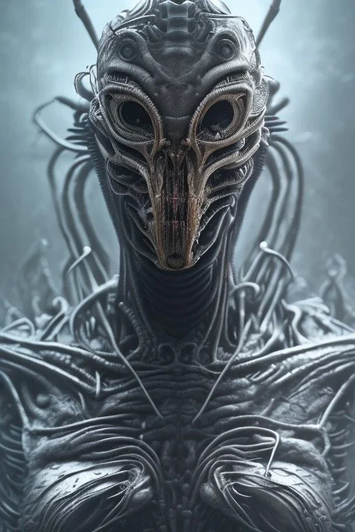 evil predator with crown, alien, brutal face, tron, head, burn eyes, 8k, finely detailed, dark light, photo realistic, hr giger, cyberpunk