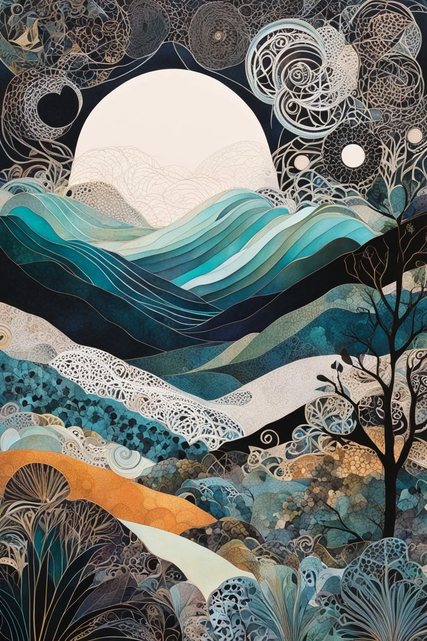 abstract paper collage overlayed with Zentangle patterns that depict the vastly diverse landscape of Nature bathed in pale moonlight, highly detailed, vibrant natural color, with bold ink outlining