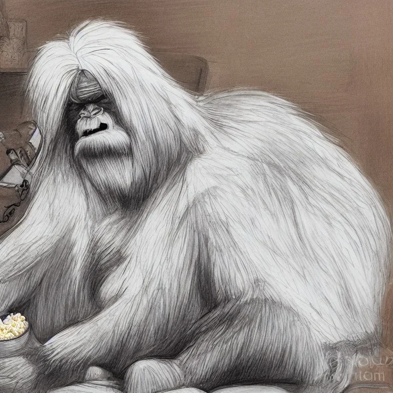 Legendary Yeti with long white hair lying on a sleigh bed watching TV and eating popcorn, clear and healthy body anatomy, detailed drawing elements, artwork, full HD painting, 8K