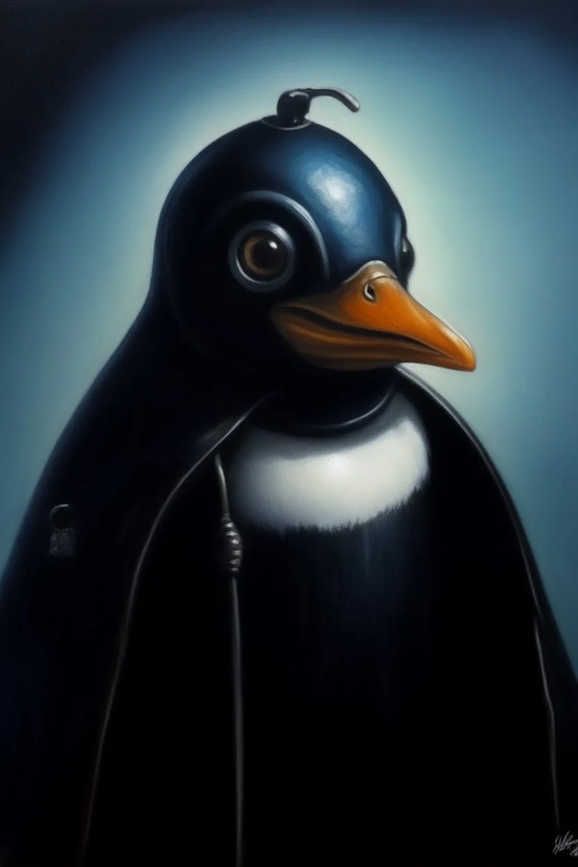 1970's dark fantasy cover dnd style oil painting frontal webcam picture of pengu the penguin.