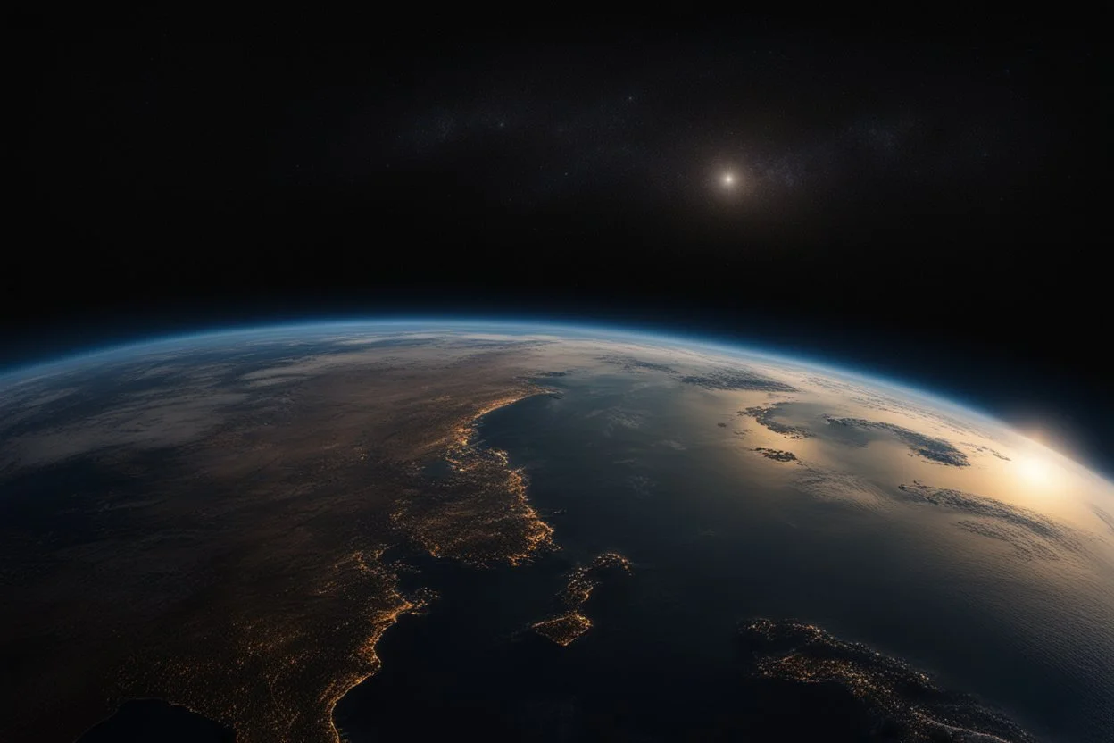 تصوير جوي للأرض من الفضاء، حيث يظهر الكوكب الأزرق الجميل في خلفية مظلمة وغامضة. تتلألأ سطح الأرض بألوانها المتعددة، ويتجلى لمحة من السحب والمحيطات. تنعكس ضوء الشمس بلطف على الجانب المضاء، مشيرةً إلى التنوع والجمال الذي تحمله هذه الكوكبة المعجزة.