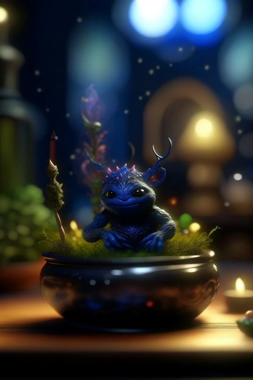 pen outline, awake within a magical nightmare, cauldron with shining sigil and containing a slightly alien fur ball gremlin plant in it, prize winning oil painting, ,bokeh like f/0.8, tilt-shift lens 8k, high detail, smooth render, down-light, unreal engine