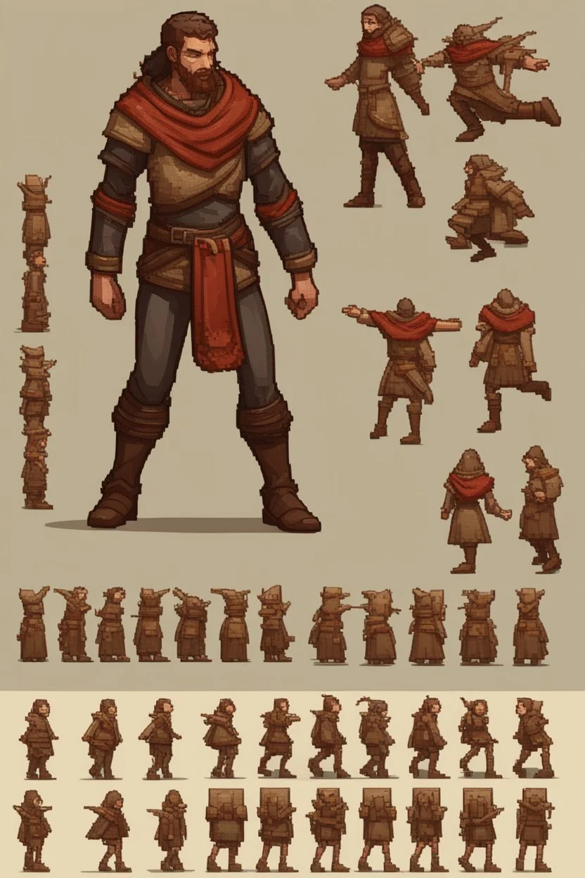 character sprite for pixel game in the medieval style side view, all position, run jump, crouch. hyper-detailed. trending on artstation. --ar 9:16