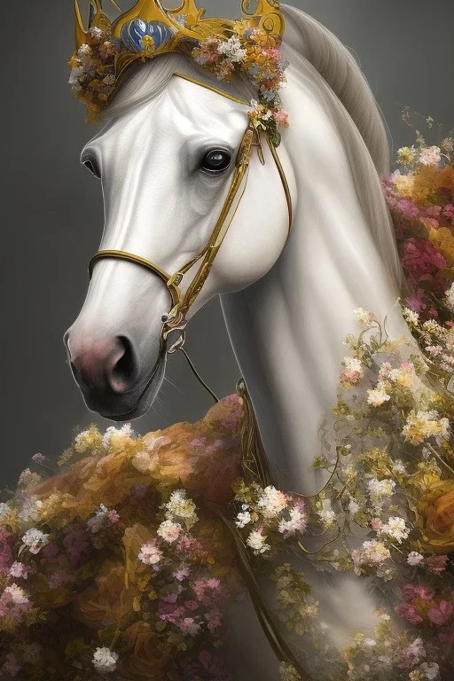 full Closeup portrait of a lipizzaner horse wearing crown of flowers, smooth soft skin, soft lighting, detailed face, concept art, digital painting, looking into camera, hyper realistic with fine details