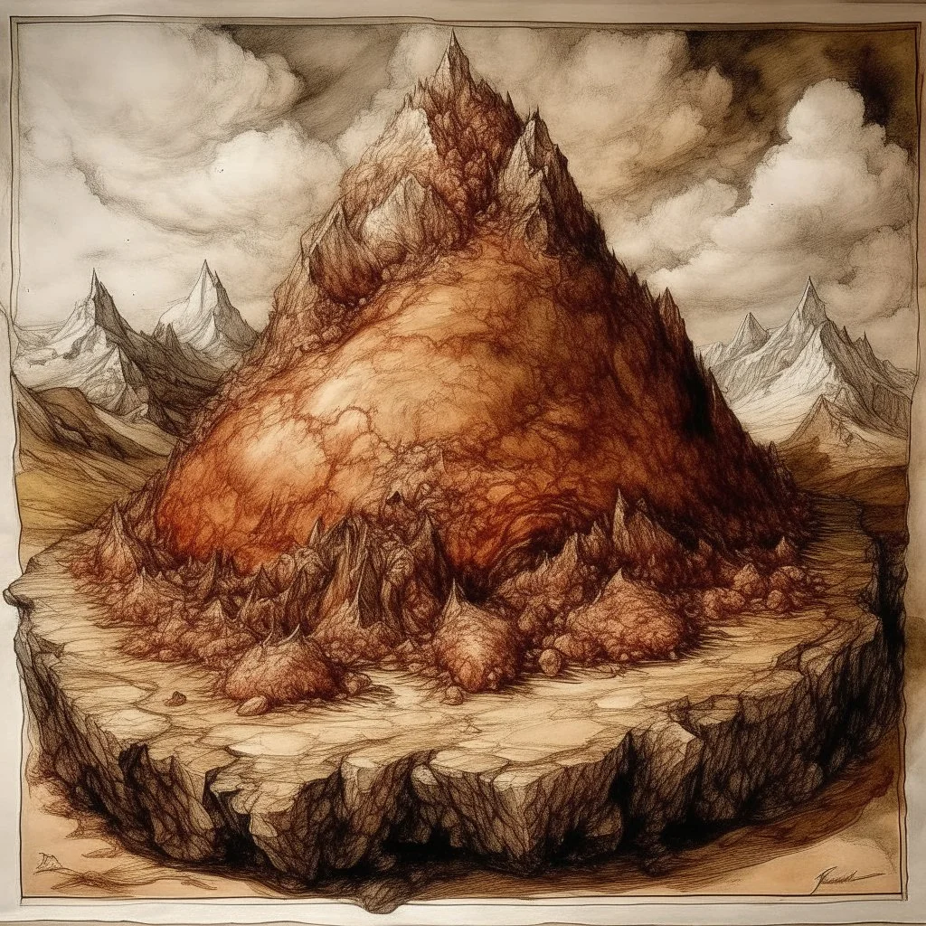 A brown mountain made out of salty cooked meat painted by Albrecht Durer