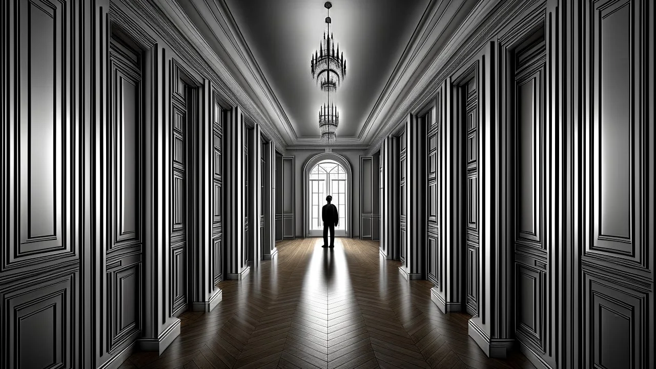 A succession of open doors that give way to different rooms aligned in a focal linear perspective in a central corridor through which an elegant figure walks