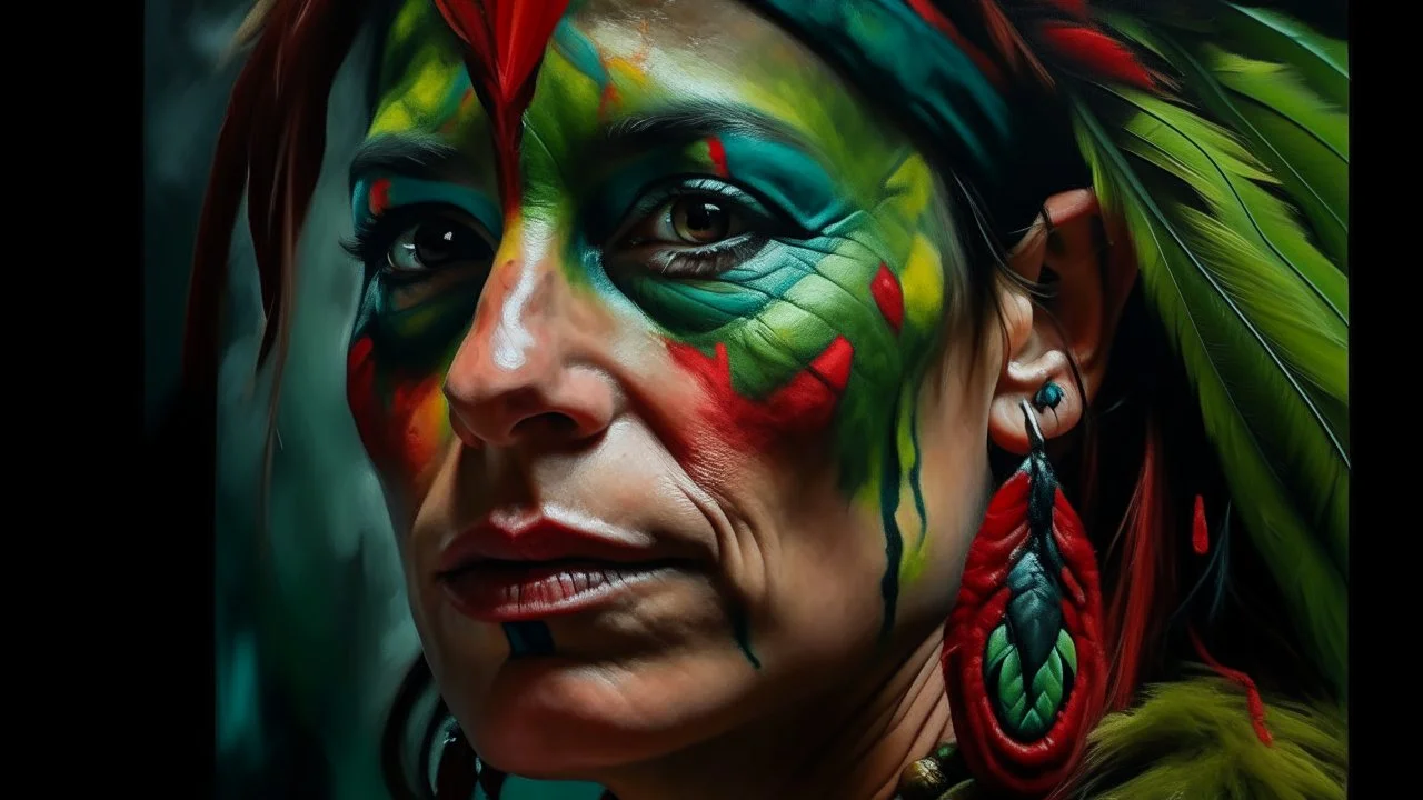 Extreme close-up portrait of a 34-year-old Amazonian woman with red and black face paint and feather earrings, a small green parrot perched near her cheek, powerful direct gaze, blurred dark green background, contemporary expressionist painting style.