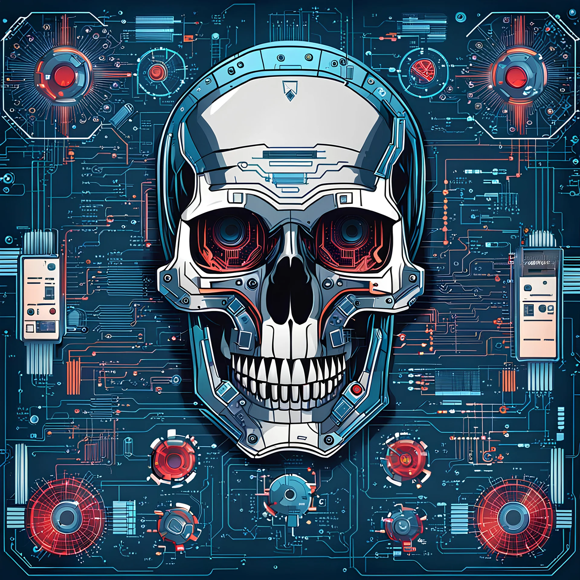 FLAT VECTOR LAYERED IMAGE OF CYBERNETIC SKULL PARTS IN A SCHEMATIC