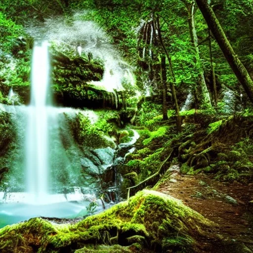 Cybeepunk picture, fantasy, three water falls, highest peak island, Forest