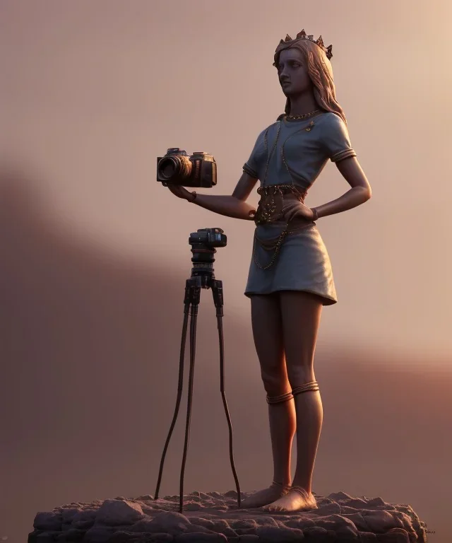 Statue of Queen of photography. Cute blonde woman. Photographer in golden crown. Standing on the street. Big camera in her hand. hyperdetailed, photorealistic, trending on artstation, greg rutkowski, beksinski, kodachrome