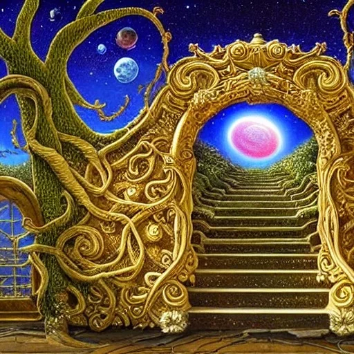 An elaborate, gilded portal with vines and flowers to the Galaxy, view of milkyway, planets, beautiful, stunning, intricate, ultra-fine detail, 8k, ornate, sharp, crisp, high-quality, 3d, realistic, digital art,George Grie, Anne Dittman, Anne Stokes, Lisa Parker, Selina French