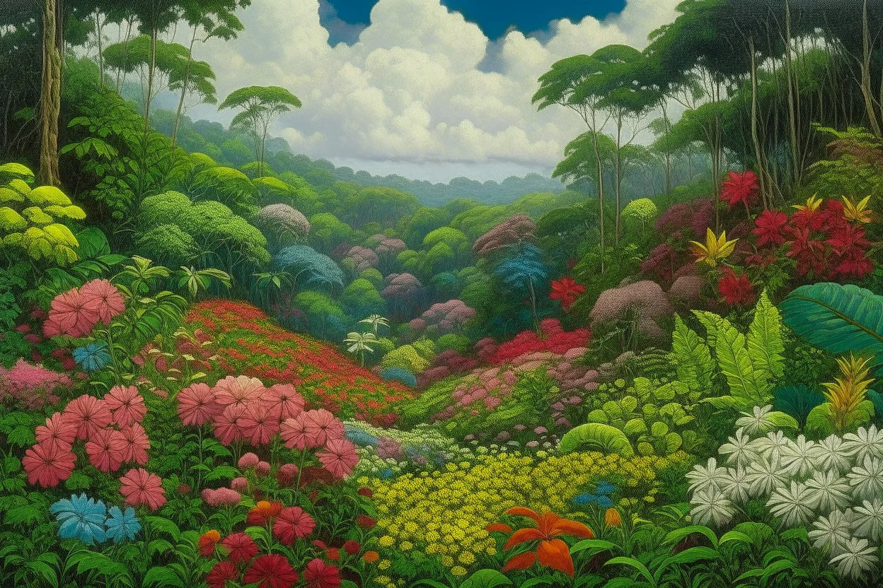 A plain filled with flowers near a jungle and a forest painted by Frank Wilson